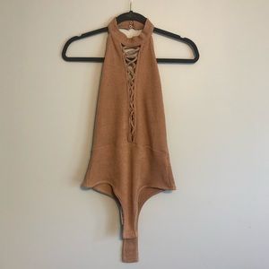 Windsor - Beige Crisscross Front Chocker Bodysuit